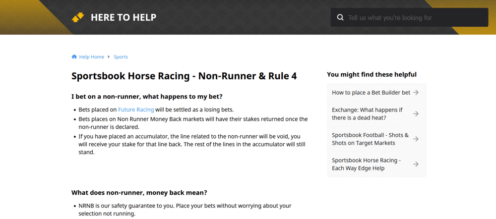 Screenshot of Betfair Help Page on Non Runners. 