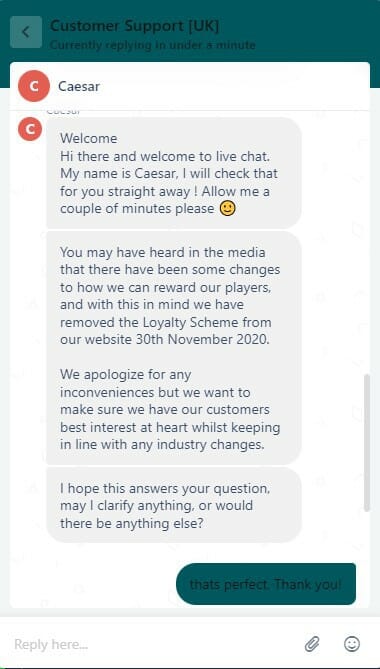 LuckLand loyalty programme live chat screenshot