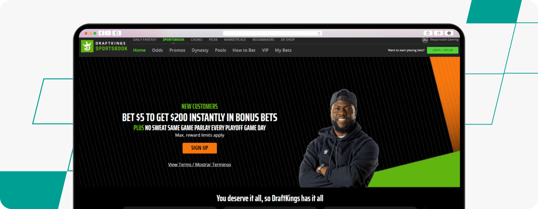 draftkings welcome offer homepage screenshot