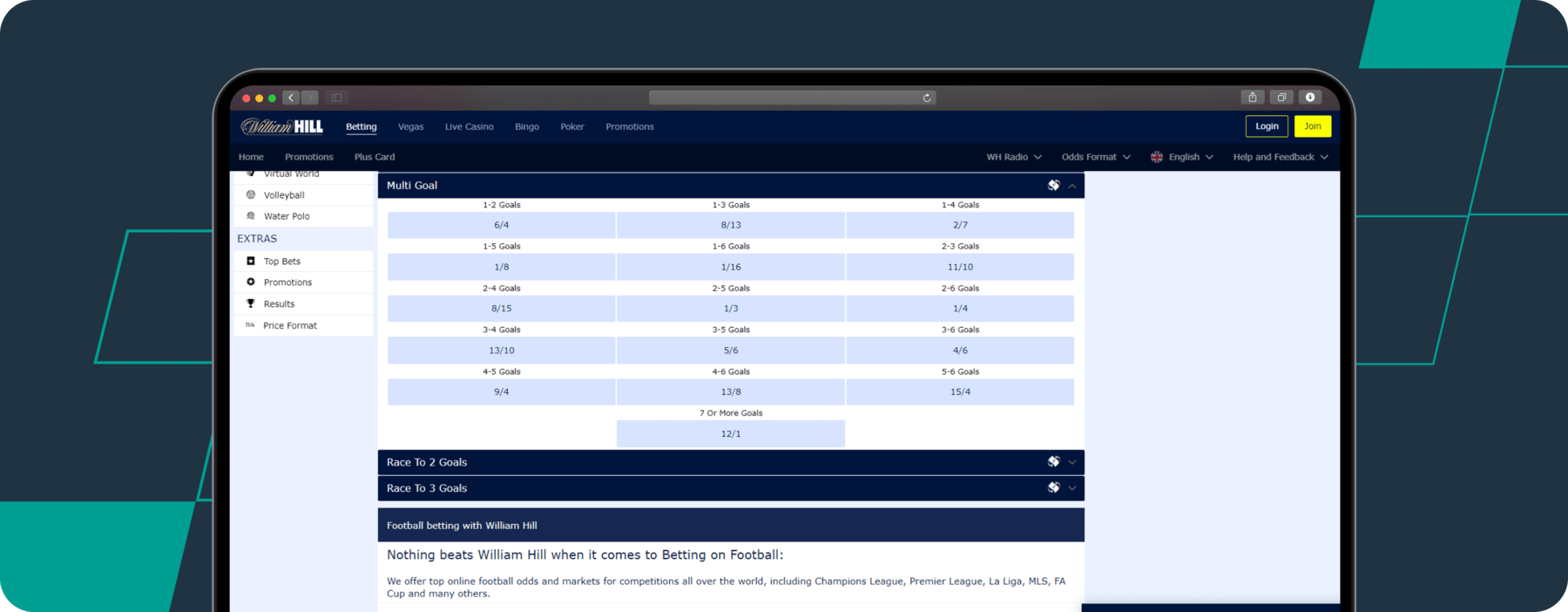 screenshot of william hill multi goal betting page