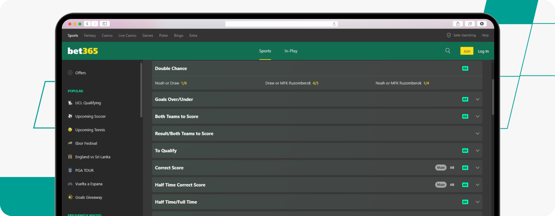 screenshot showing bet365 double chance odds