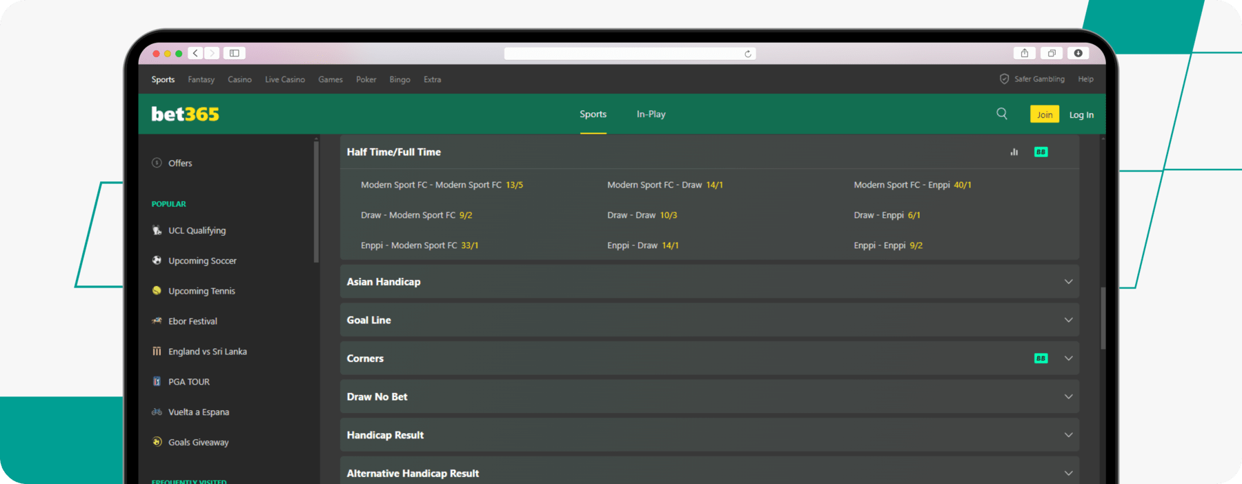 screenshot showing bet365 half time/full time odds